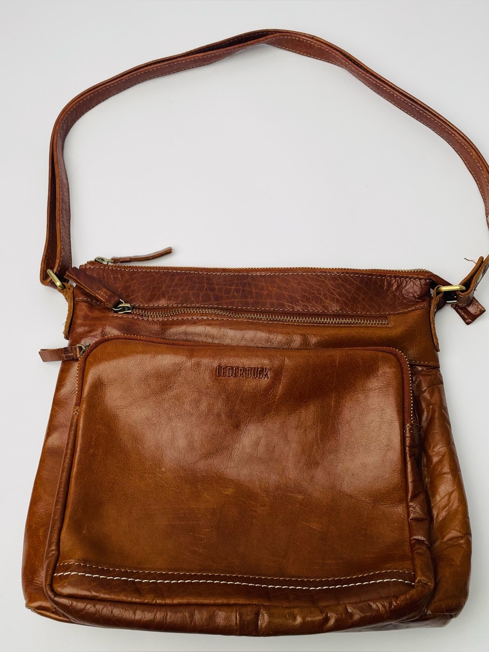 Lederbuck Brown Cognac Zipper Genuine Leather Crossbody Shoulder Bag